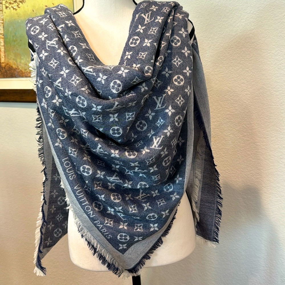 Authentic oversized Louis Vuitton denim silk scarf